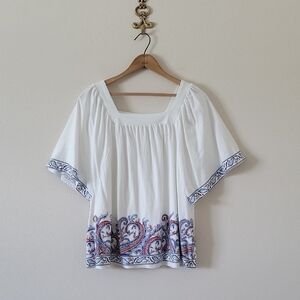 J Jill White Square Neck Paisley Flutter Sleeve Cotton Modal Tee Size Medium